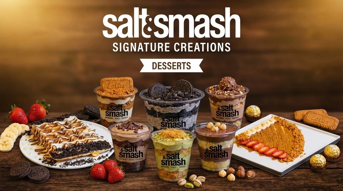 Salt & Smash Desserts – Selection of chocolate waffles, strawberry crepes, and layered dessert cups with Ferrero Rocher and pistachio flavors