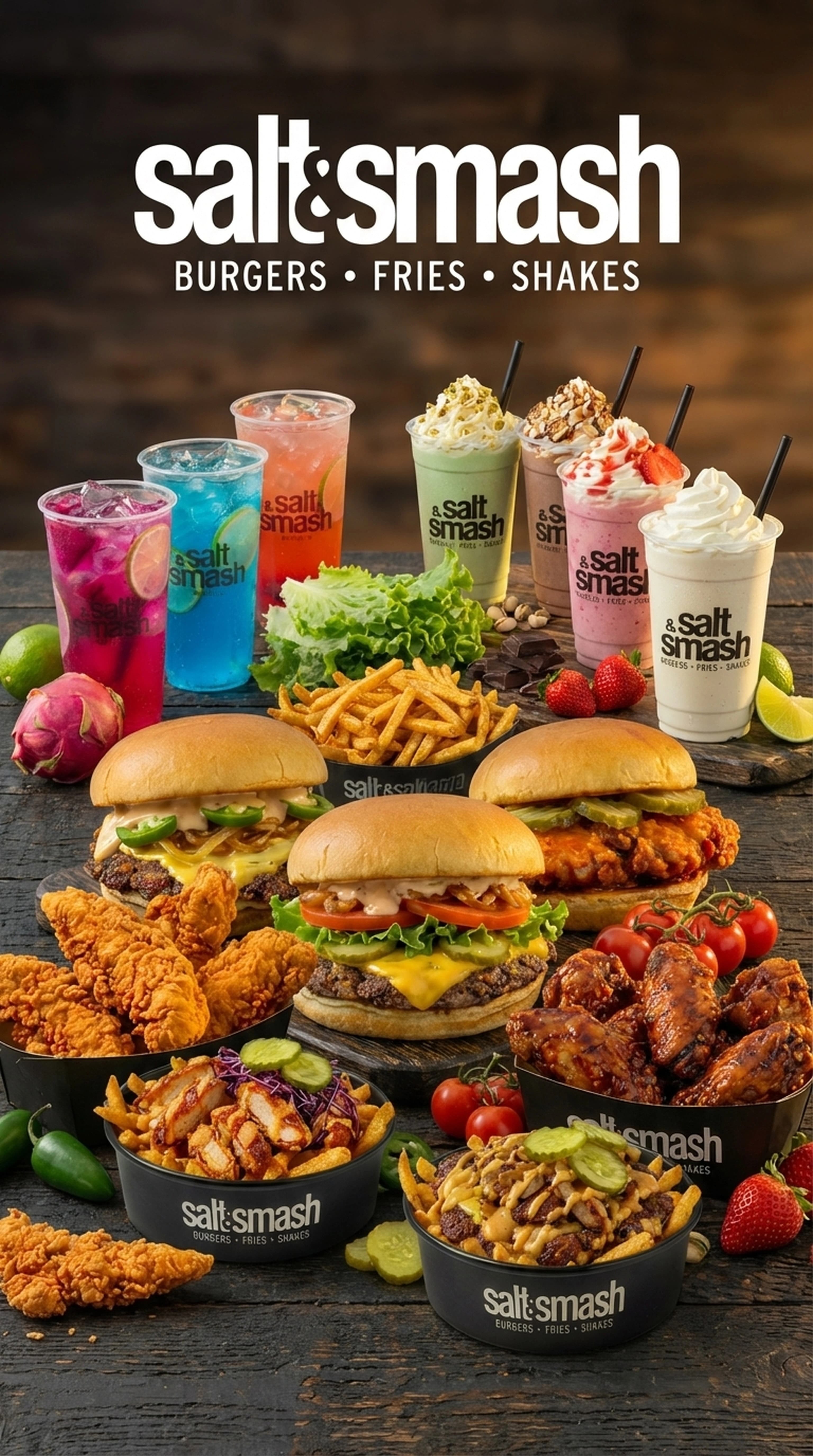 Salt & Smash restaurant menu featuring gourmet smash burgers, chicken wings, loaded fries, and signature milkshakes on a wooden table