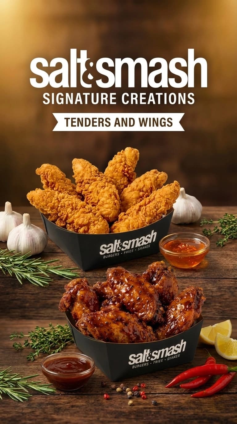 Salt & Smash Tenders and Wings – Crispy fried chicken tenders and saucy chicken wings from the Signature Creations menu